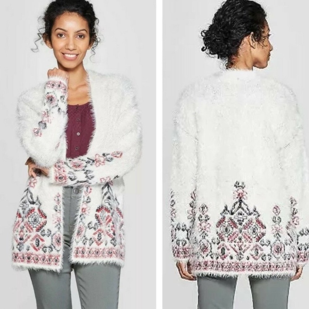 Knox Rose Cream Burgundy Black Pattern Eyelash Long Sleeve Open Cardigan Small